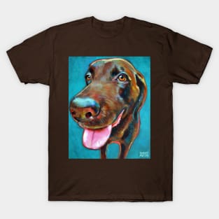 Chocolate Labrador on Blue by Robert Phelps T-Shirt